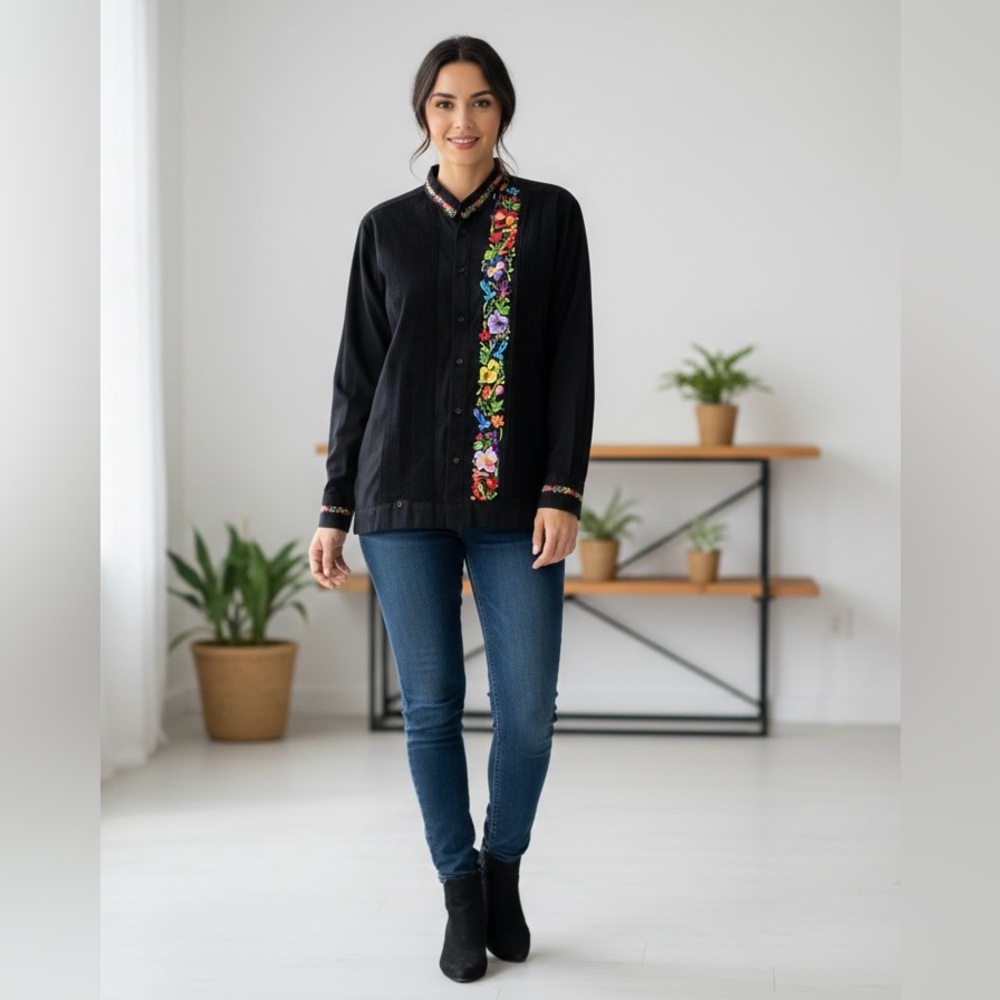 🌸 Guayabera black Borders at hand - Istmo- Juchitán (Talla L)